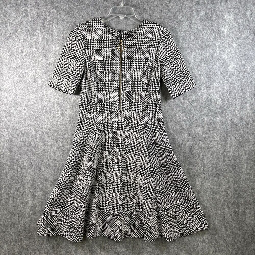 DKNY Office Siren Black Ivory Plaid Stretch Round Neck Flare Dress Zipper Sz 6